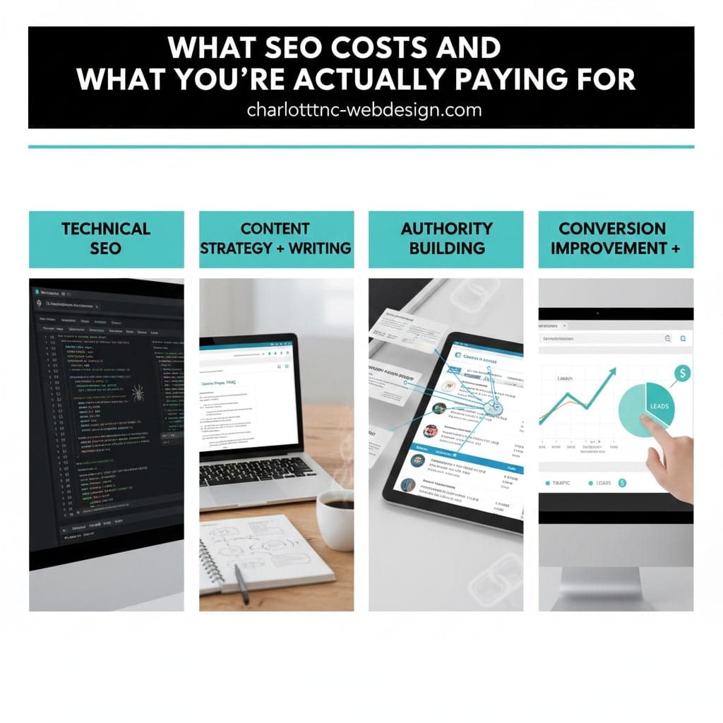 A four-panel infographic titled "What SEO Costs and What You’re Actually Paying For" from https://www.google.com/search?q=charlotttnc-webdesign.com. The panels are: 1) "Technical SEO," showing a dark screen with website code; 2) "Content Strategy + Writing," showing a laptop with a document next to a steaming coffee mug and a notepad; 3) "Authority Building," showing a tablet displaying local map results and citations; 4) "Conversion Improvement +," showing a monitor with a pie chart labeled "Leads" and an upward-trending line graph.