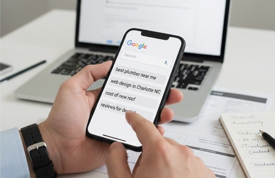 A close-up, first-person view of someone holding a smartphone in a modern office setting with a laptop and notebook in the background. The phone screen displays a Google search bar with four high-intent query suggestions: "best plumber near me," "web design in Charlotte NC," "cost of new roof," and "reviews for [brand/service]." The header text above the image reads, "SEO IS STILL WORTH IT. BUT ONLY IF YOUR CUSTOMERS SEARCH ONLINE" with the URL charlottenc-webdesign.com below it.
