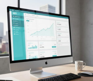 A wide-screen desktop monitor on a wooden desk showing a professional SEO dashboard with various data visualizations. A central line graph shows a steady upward trend in "Organic Sessions" through 2025 and into 2026. Side widgets display key performance indicators (KPIs) such as "Search Engine Optimization" scores, "Organic Revenue" totaling over $4,500, and keyword ranking improvements. A white coffee mug and a computer mouse sit beside the monitor in a bright, modern office setting.