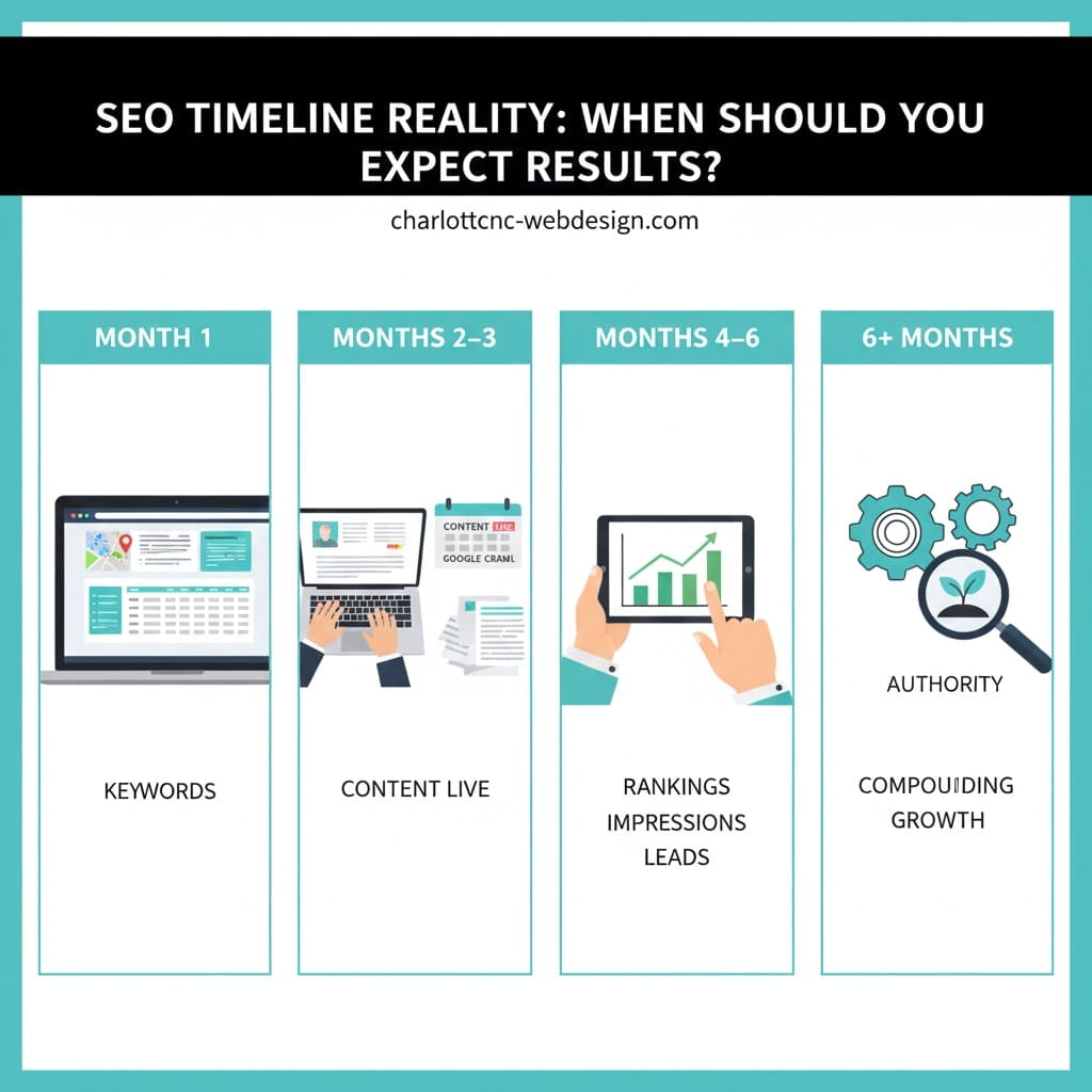 A four-panel infographic titled "SEO Timeline Reality: When Should You Expect Results?" from charlottenc-webdesign.com. The panels are organized chronologically: 1) "Month 1" showing a laptop with a data dashboard and the word "Keywords"; 2) "Months 2–3" showing hands typing on a laptop with a calendar icon and "Content Live"; 3) "Months 4–6" showing a hand on a tablet with an upward-trending graph and "Rankings, Impressions, Leads"; 4) "6+ Months" showing a magnifying glass over a sprout and gears with "Authority" and "Compounding Growth."