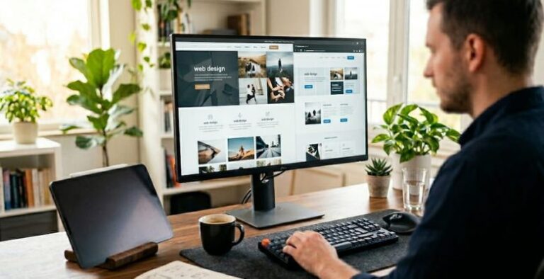 A man working at a wooden desk in a bright, modern office, focusing on a large computer monitor