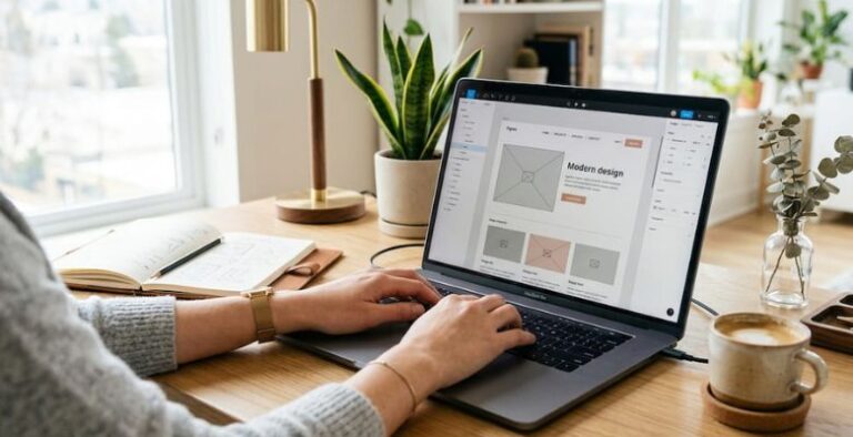 A person’s hands typing on a laptop displaying a modern web design interface