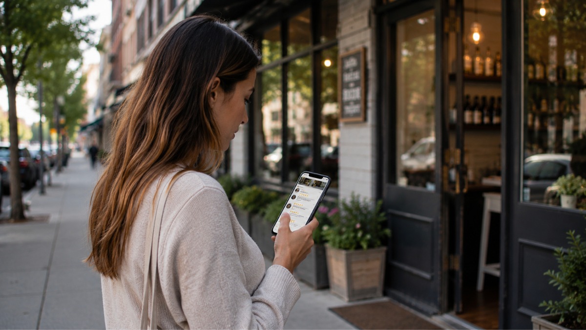 local customer reading genuine business reviews on a smartphone